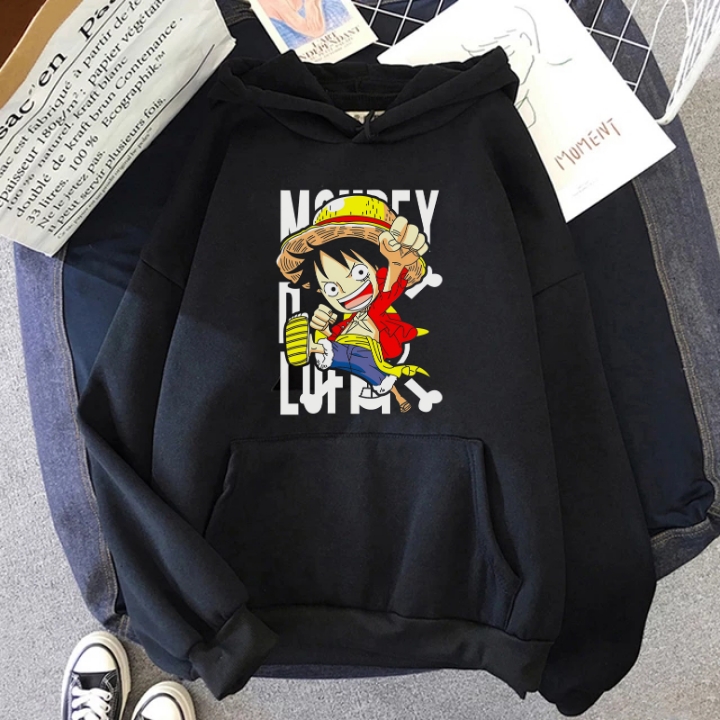 Hoodie Jumper Dewasa Anime One Piece Monkey D Luffy LF001 Print DTF Bahan Fleece Tebal Halus