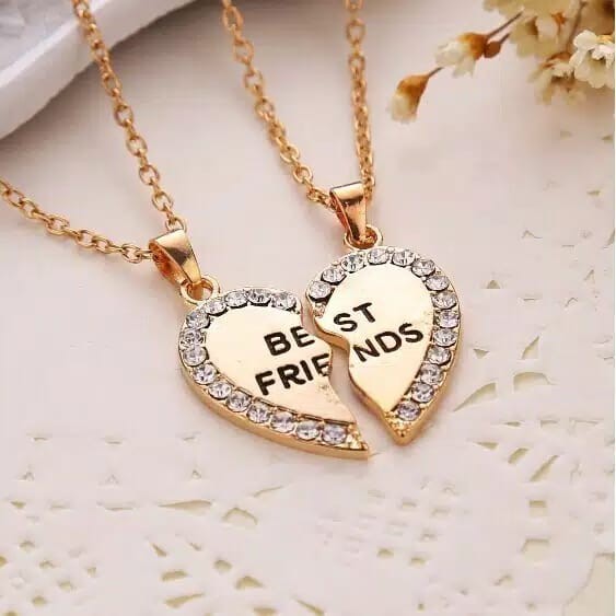 2pcs Kalung Best Friends Liontin Hati Aksen Berlian Imitasi