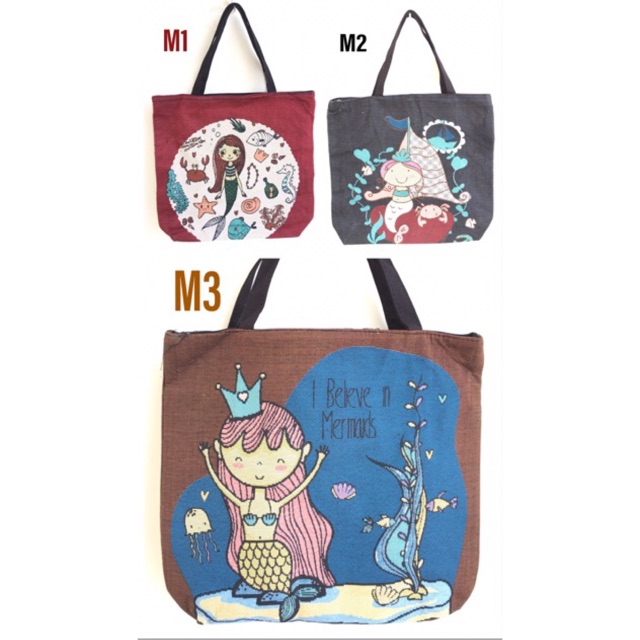 Tas tote bag wanita kanvas mermaid series import