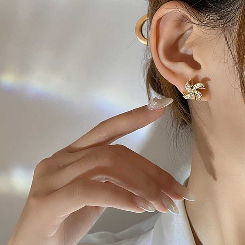 Korea New S925 Silver Needle Rotating Windmill Micro-inlaid Full Diamond Earrings Ins Trend Fashion Niche Design Sense Accessories Jewelry Gifts