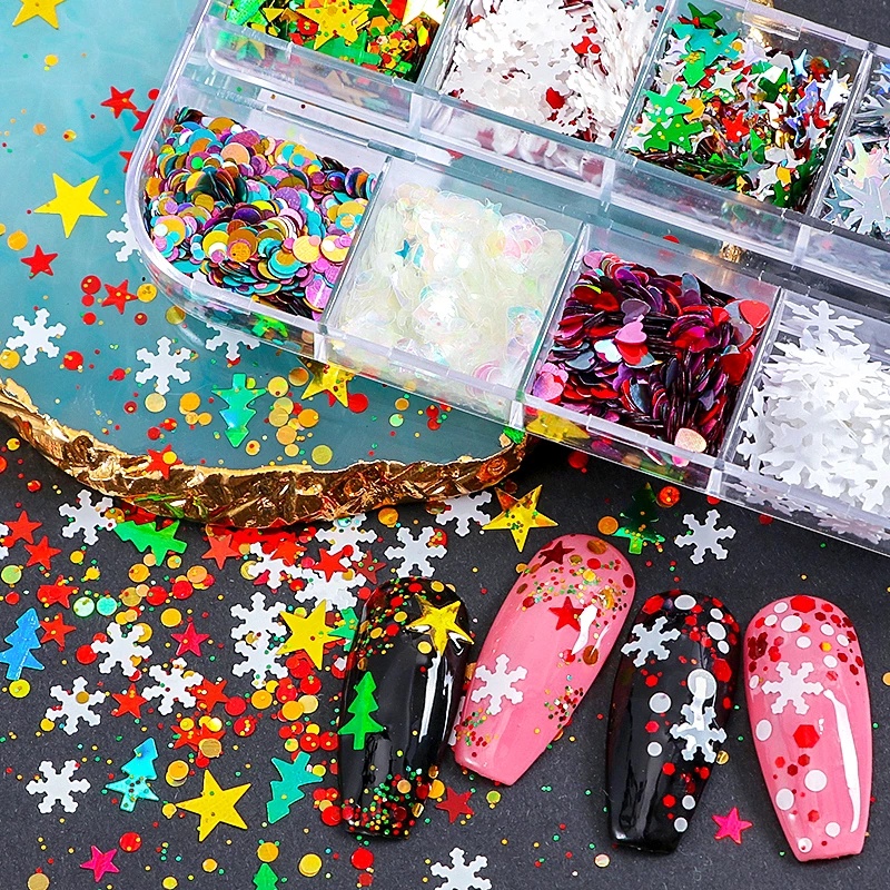 12 Grids 3D Snowflakes Christmas Tree Metal Sequins / Laser Glitter Christmas Nail Art Sequins / DIY Nail Art Tools / Professional Manicure Accessories