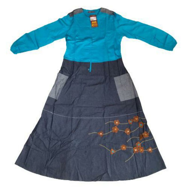 Dannis Abaya Gamis Biru Tosca Navy Dongker Denim Bunga XL