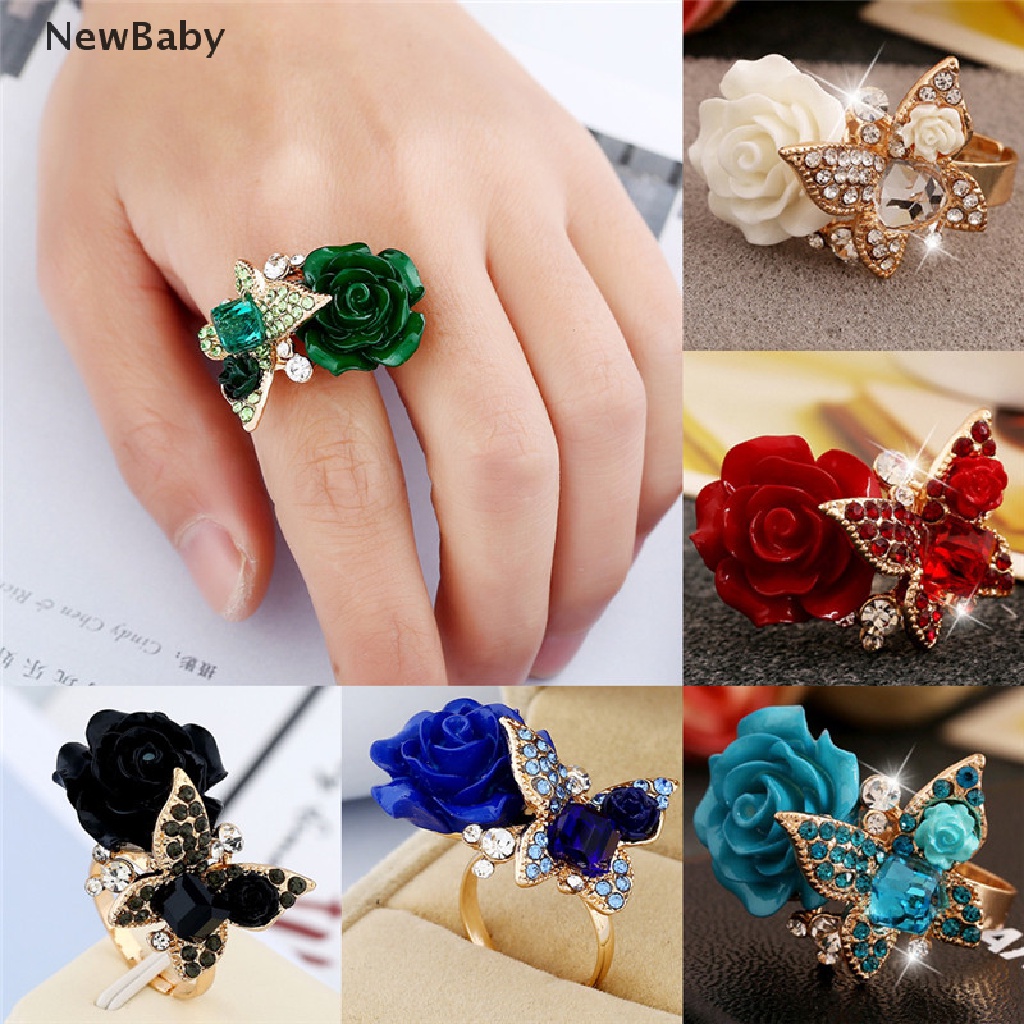 Newbaby Cincin Wanita Desain Kupukupu Mawar Hias Kristalberlian Imitasi Adjustable Untuk Pertunangan