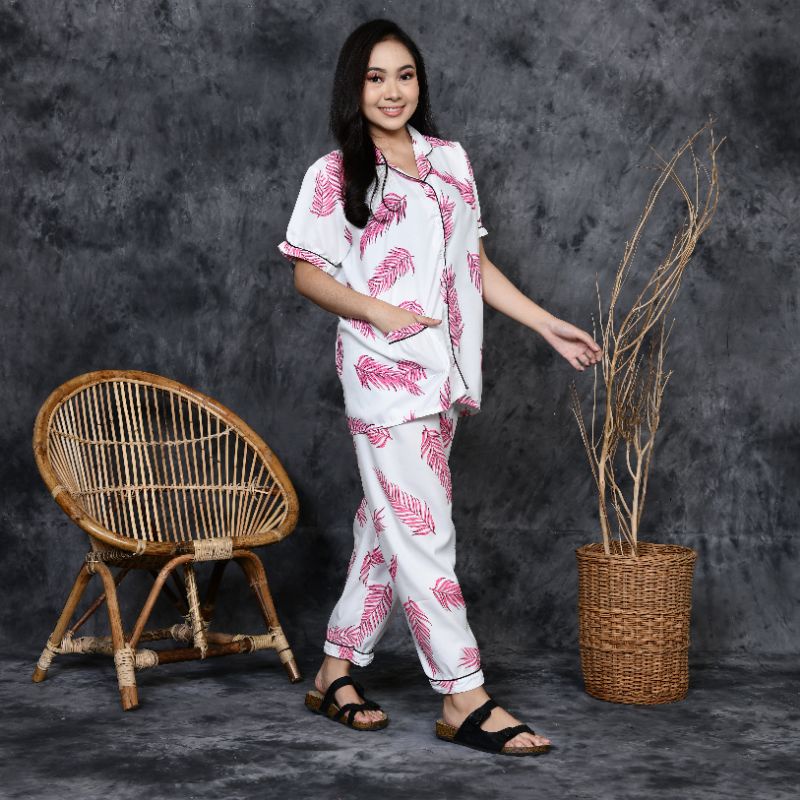 Baju Tidur Piyama Wanita Dewasa Motif Mocca Daun CP Lengan Pendek Celana Panjang Kekinian