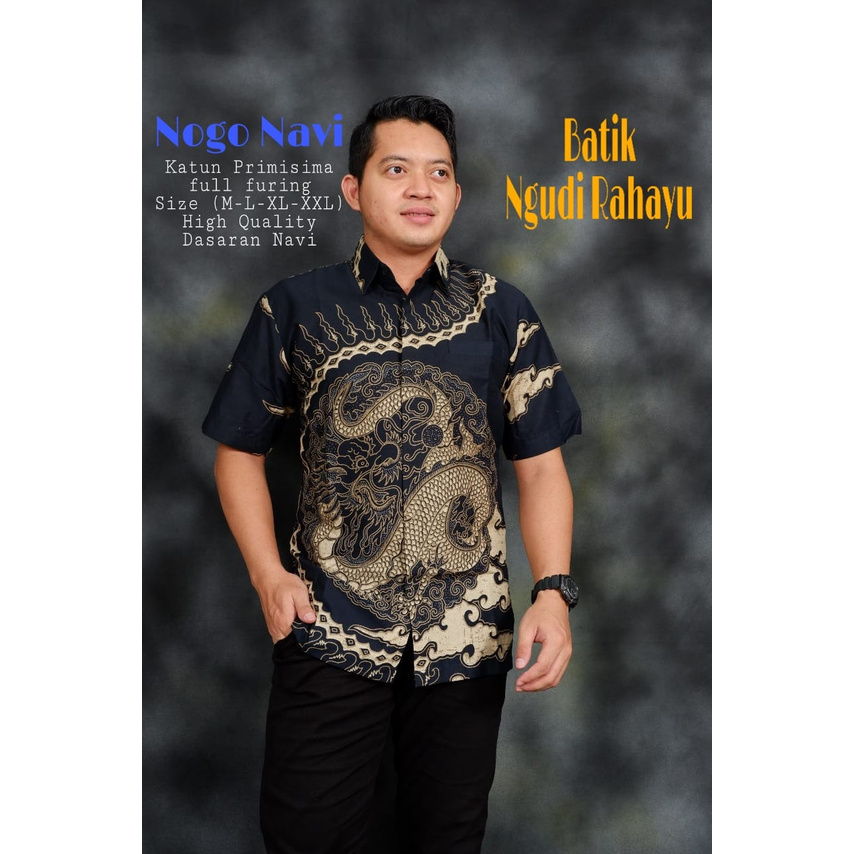 NOGO NAVY BAJU kemeja batik pria lengan panjang terbaru ORIGINAL  PENDEK modern PREMIUM