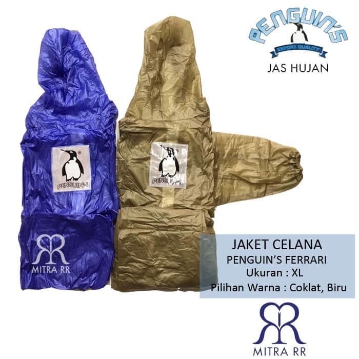 Jas Hujan Stelan Penguins Ferrari Raincoat Karet PVC Jaket Celana dan Ponco