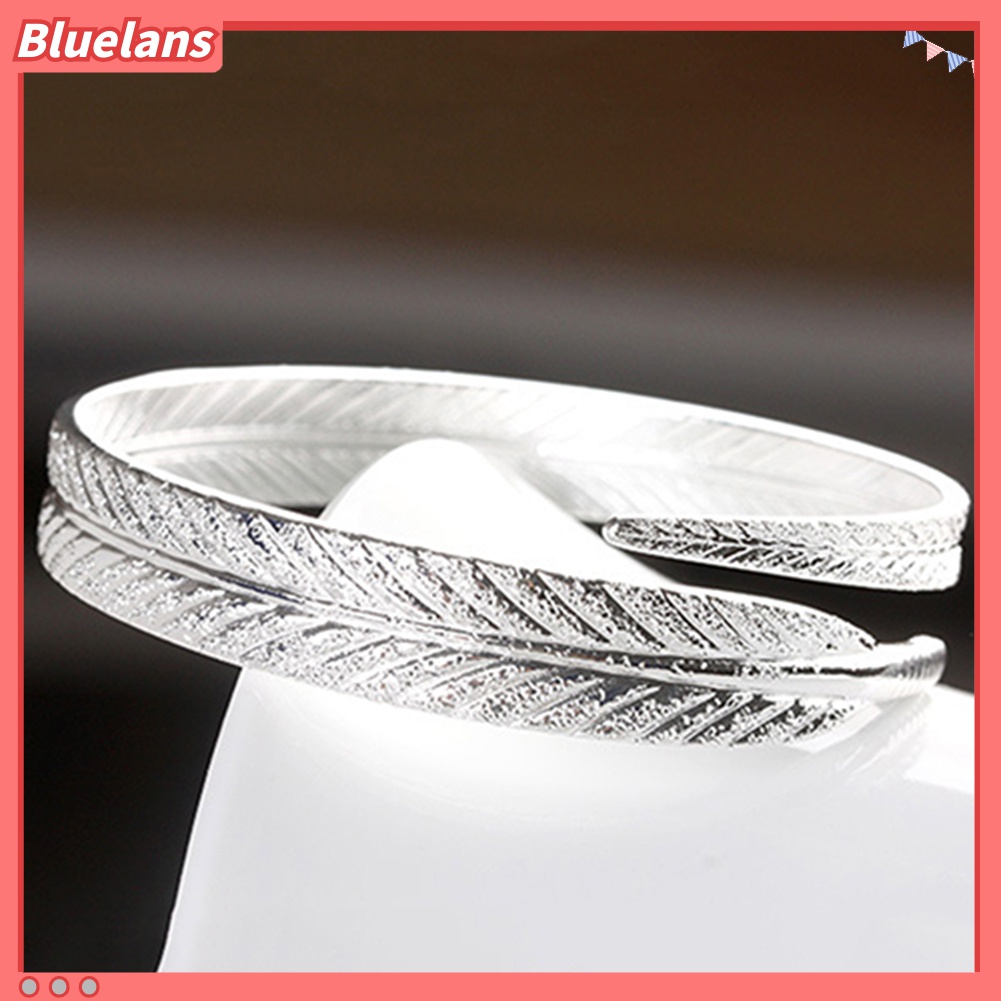 Gelang Bangle Model Terbuka Lapis Silver Bentuk Bulu Gaya Vintage Adjustable Untuk Wanita