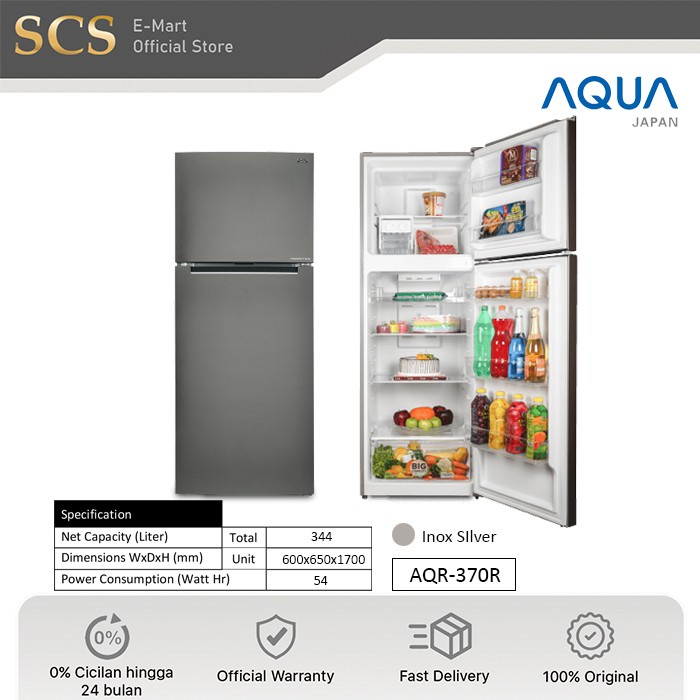 aqua AQR-370R Kulkas 2 Pintu Silver - Inverter & Multiflow Cool