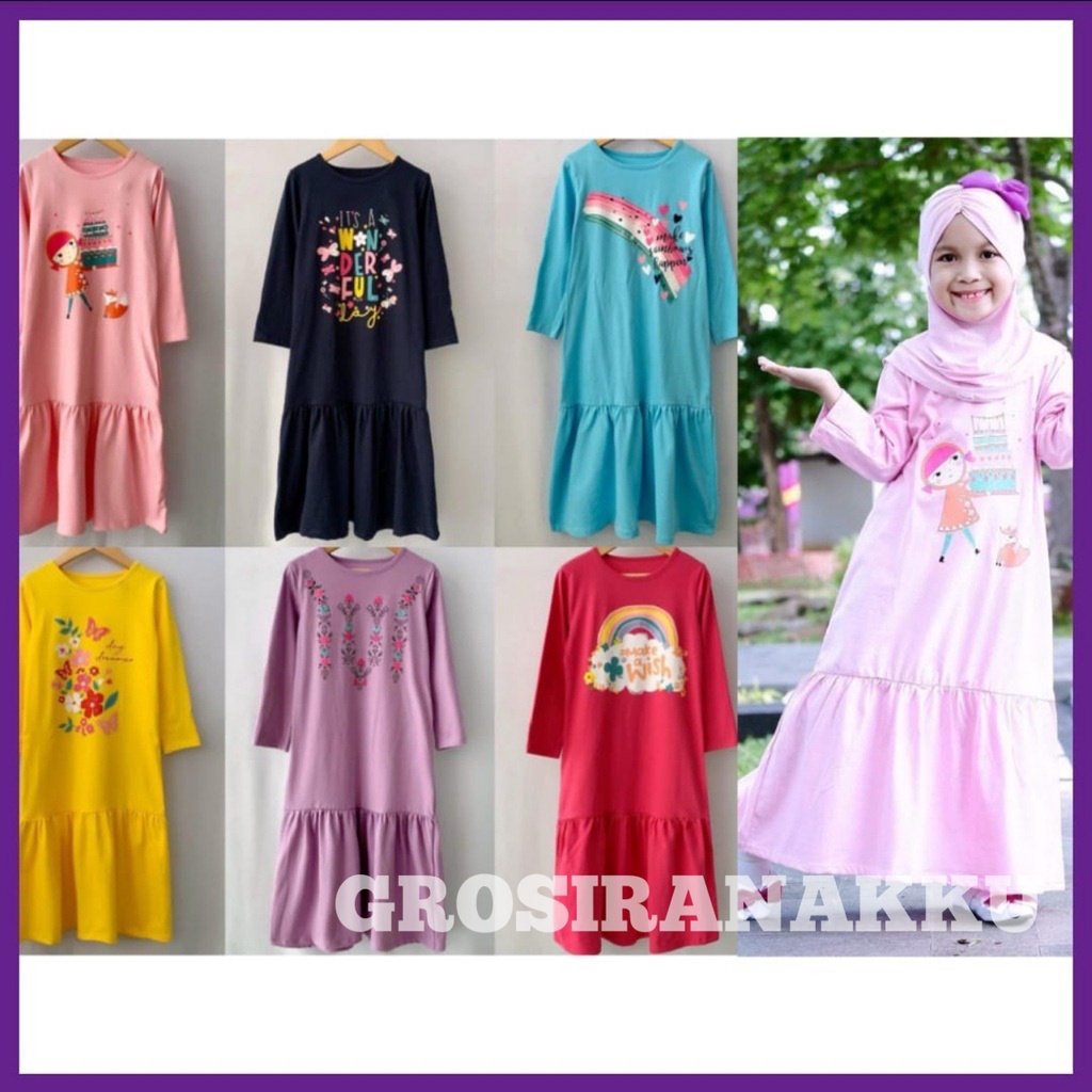 Baju Muslim Anak Kaos Aplikasi Sablon Mix Warna Size 2-8Th gamis anak perempuan terlaris syar'i syar