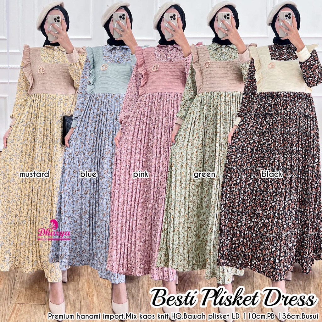 Dharya Besti Plisket Dress Wanita Motif Bunga Bahan Premium Hanami Import Ld 110