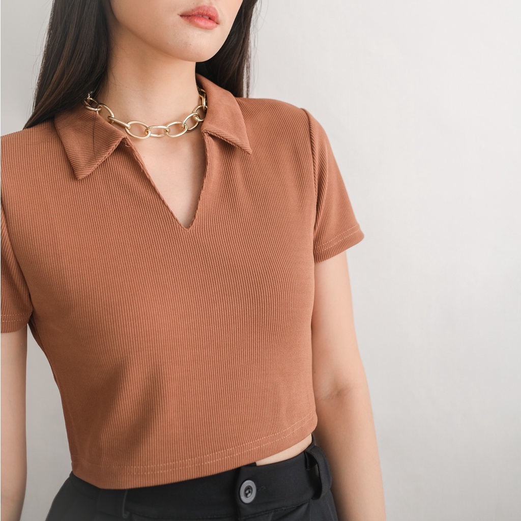 [TAVIA] JIRO KNIT POLO / BAJU CROP WANITA / KAOS CROP WANITA-Brown