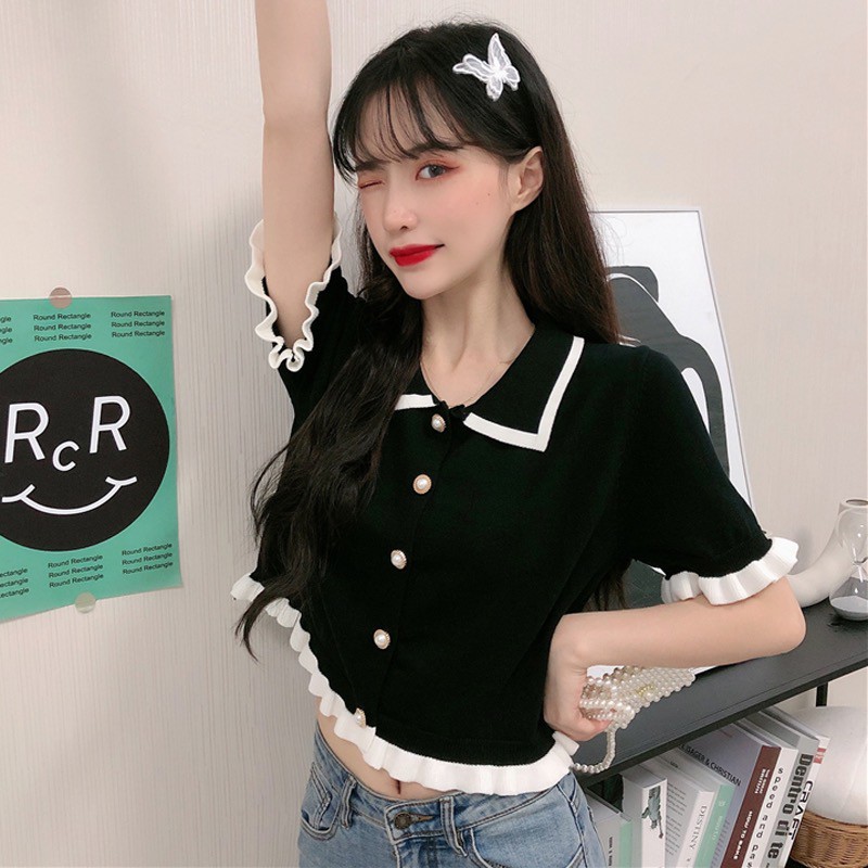 [Diskon Spesial] Crop top rajutan kaos lengan pendek wanita Korea