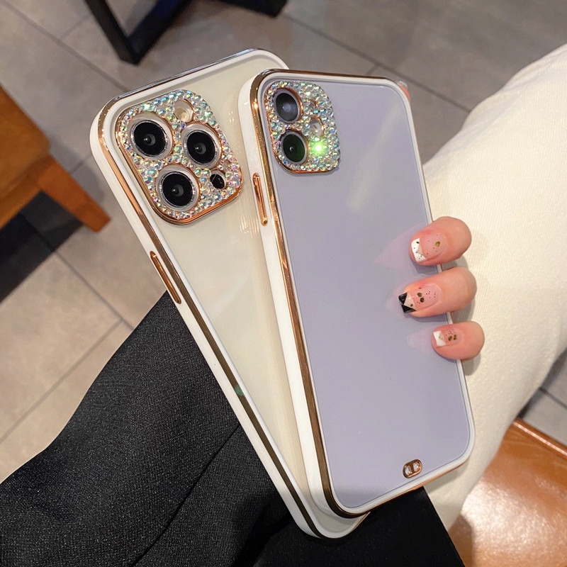 Soft Case Transparan Frame Electroplated Glitter Berlian Kamera Untuk iPhone 13 12 11 Pro X XS Max Mini XR SE2 7 8 Plus