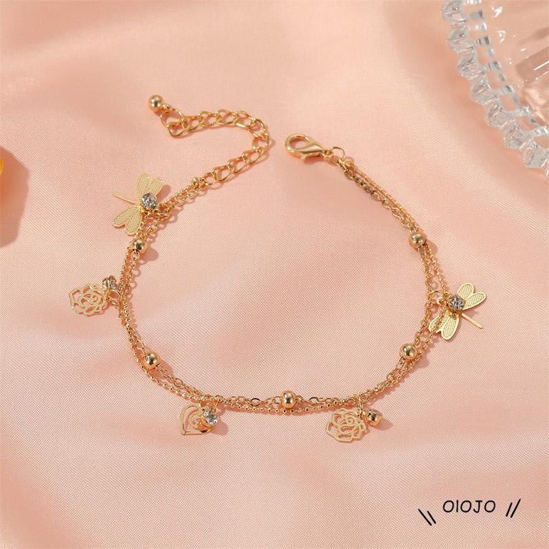 【COD】Gelang Kaki Rose Dragonfly Gelang Kaki Wanita Model Lapis Ganda Desain Mawar Capung Untuk Musim Panas / Pantai