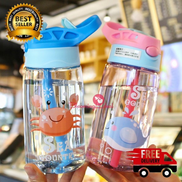 Botol Minum Kesukaan Anak Karakter dan Gambar Lucu Ocean World Dengan Bpa Free 480 Ml dengan Sedotan