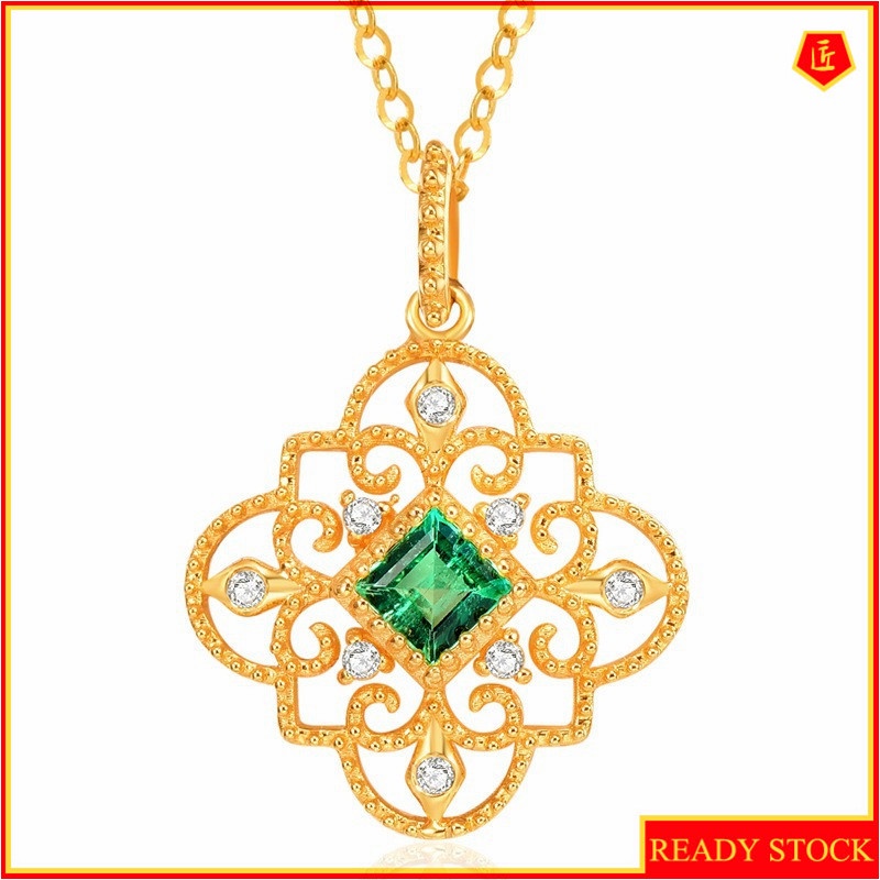 [Ready Stock]Fashion Gold-Plated Diamond Flower Emerald Pendant Necklace