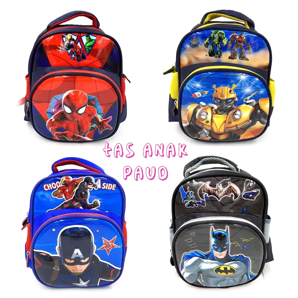 Tas Ransel Anak PAUD COWOK Karakter SUPERHERO BATMAN SPIDERMAN KAPTEN TRANSFORMERS - Gambar TIMBUL I