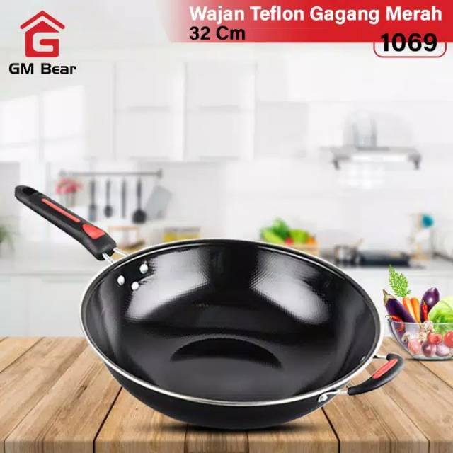 GM Bear Wajan Teflon Gagang Merah 32cm 1069-Wajan Penggorengan Teflon 32cm