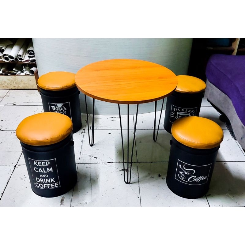 RB Set 4 Kursi Drum Besi 1 Meja Kayu Anti Air