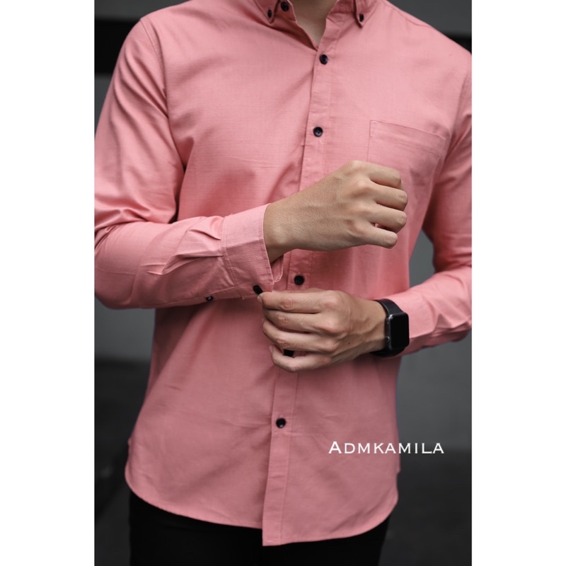 Kemeja pria polos slimfit kasual basic HeM lengan panjang pink salam