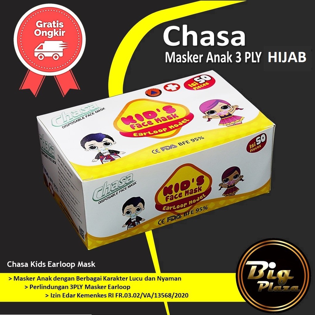 HIJAB Kids Chasa Masker Anak Headloop 3ply isi 50 Pcs 3-14 Tahun - Big Plaza