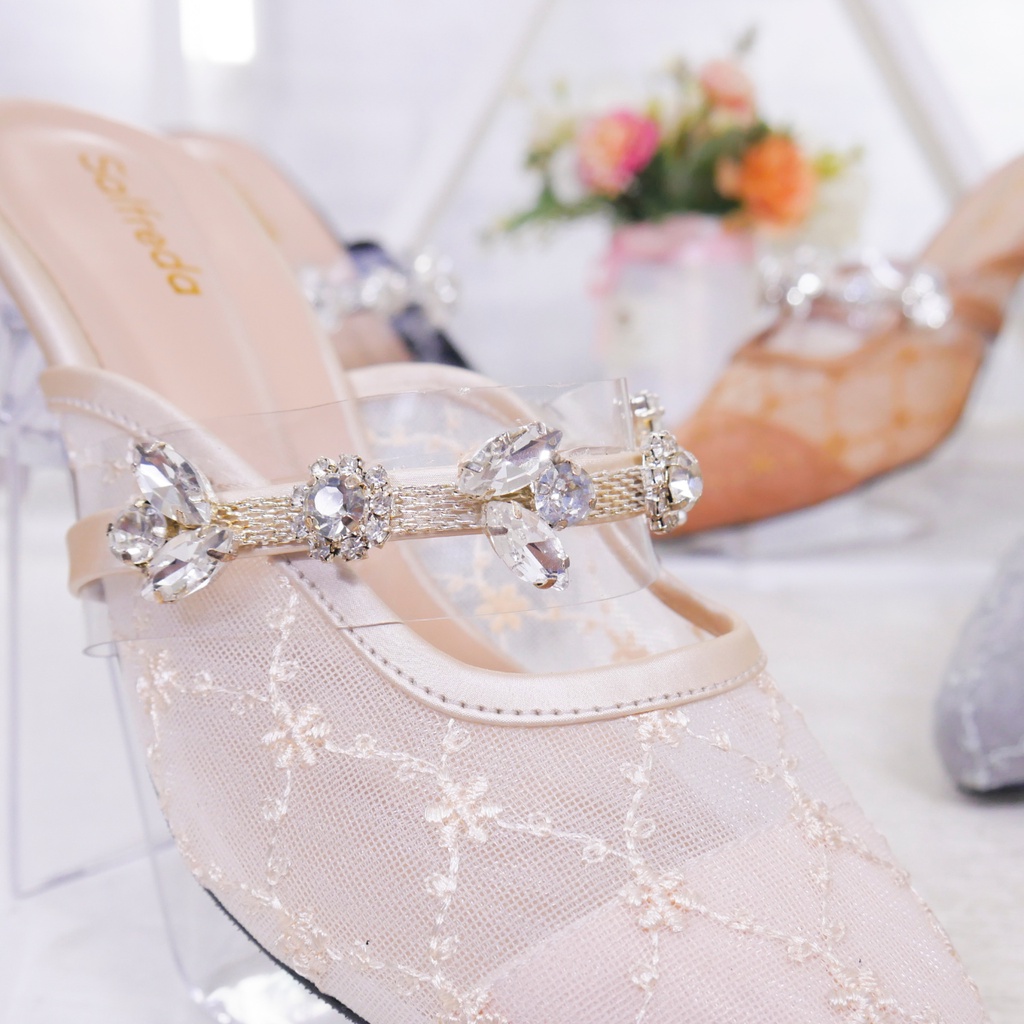 Sepatu Sandal Pesta Wanita Kondangan Elegan Terbaru Mewah Ori Import Impor Korea Brukat Hak Heels 3 cm Kaca Pernikahan Wedding Kantoran DV70001