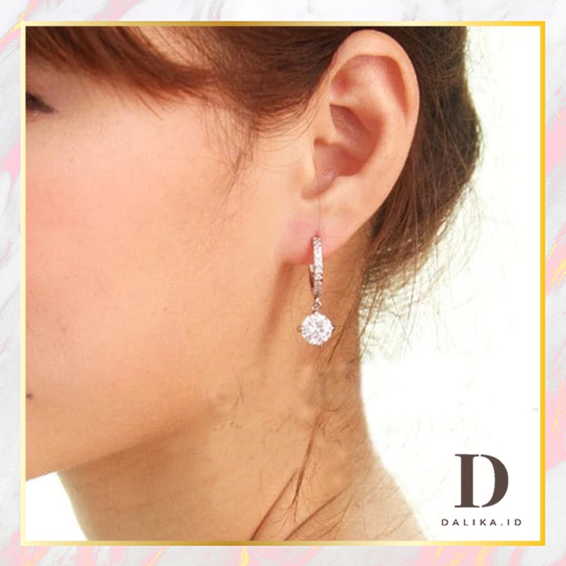 Anting Tusuk Silver Gantung Kristal Permata Solitare Elegan 1 Pasang ala Wanita Korea Dalika