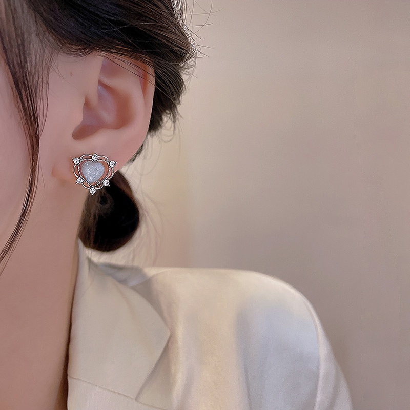 Anting Tusuk Sterling silver 925 Desain Hati Hias Opal + Berlian Gaya Mewah Untuk Wanita