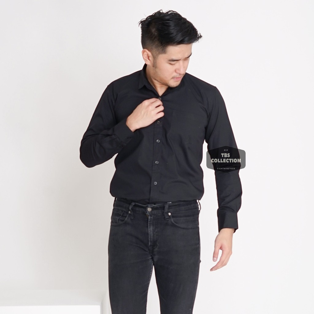 Kemeja Pria Lengan Panjang Hitam Pekat Black Polos Casual Formal Kemeja Kerja Keren 3258