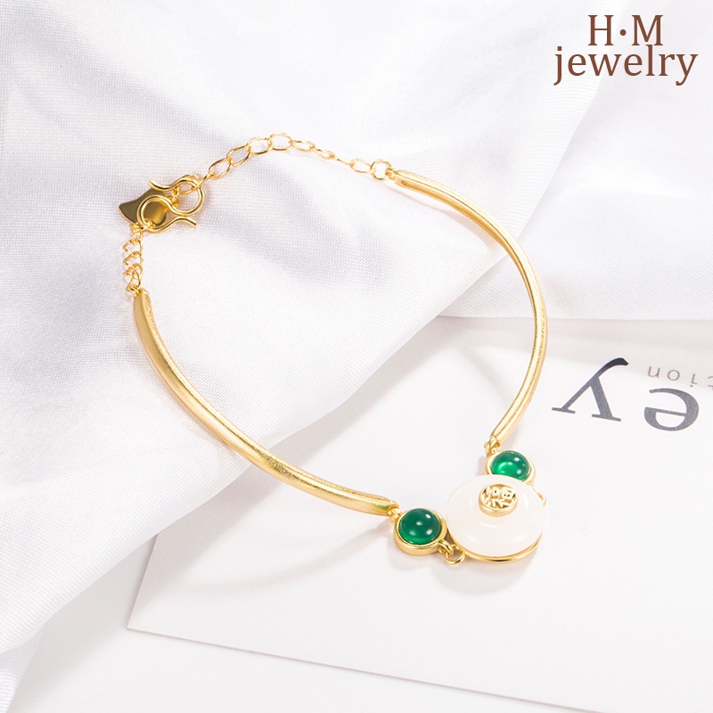 Gelang Tangan Sterling Silver 925 Aksen Batu Jade Putih Retro Untuk Wanita