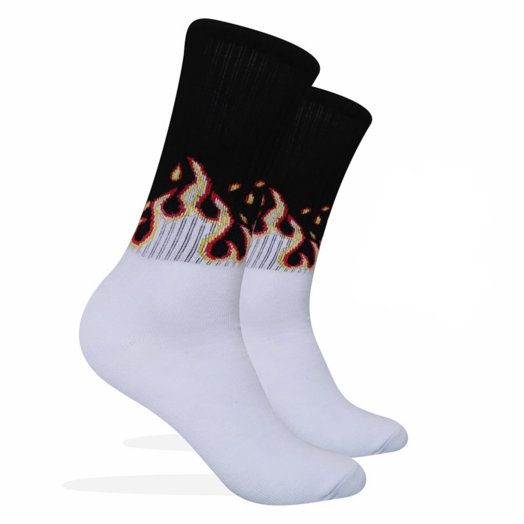 Kaos Kaki Motif Flame Putih Hitam ( M99 )