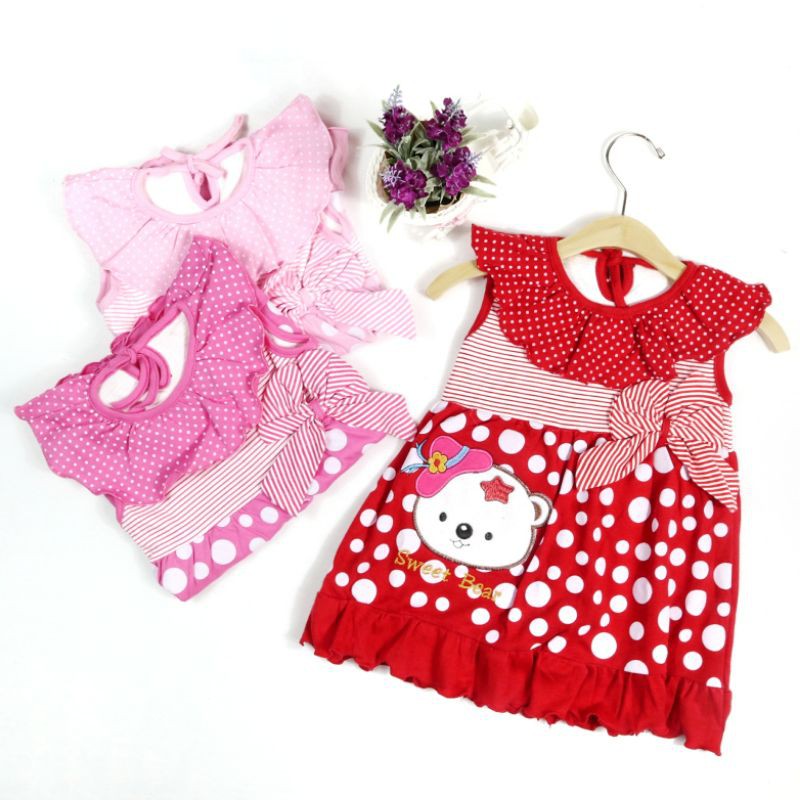 DRESS FASHION ANAK PEREMPUAN 1-2 TAHUN MOTIF SWEET BEAR 1 TAHUN