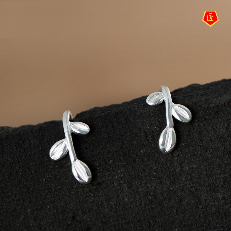 [Ready Stock]Silver Olive Branch Simple Stud Earrings Temperament