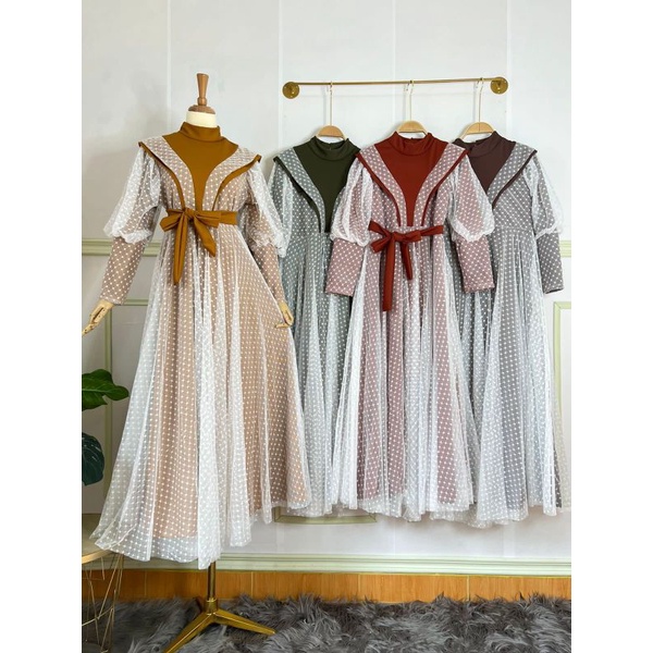 Dress Brukat tile Mix Knit Import Mewah Super Premium Baju Gamis Lebaran Kondangan Terbaru