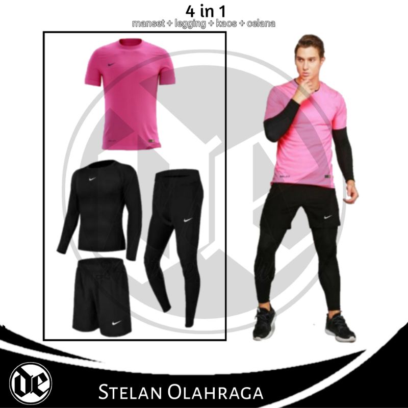 Full Set 4 in 1 Baju Manset Kaos Olahraga Celana Legging Panjang dan Celana Pendek Olahraga Futsal S