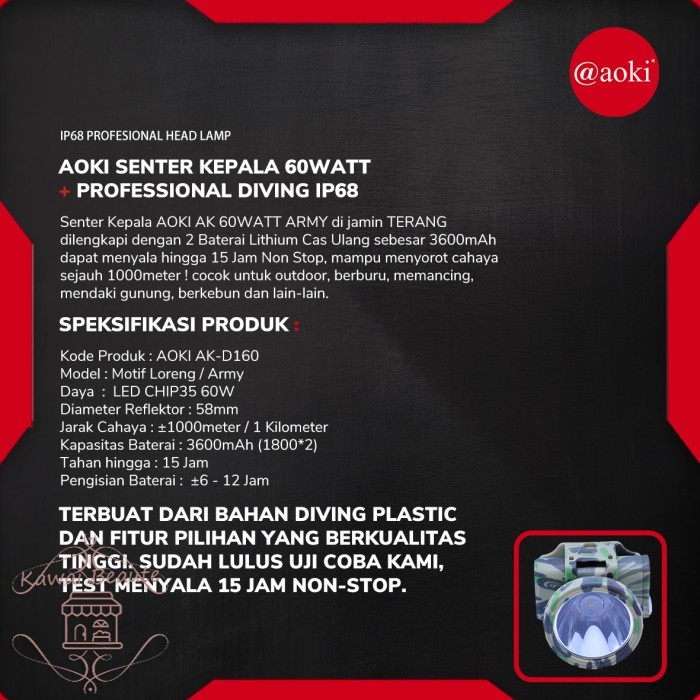 AOKI D-160 60W Senter Kepala Premium Professional Diving Selam Army Loreng