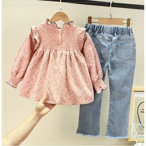 STELAN ANAK/MODEL PINK BUNGA KERUT JEANS FOR KIDS COTTON 100-140