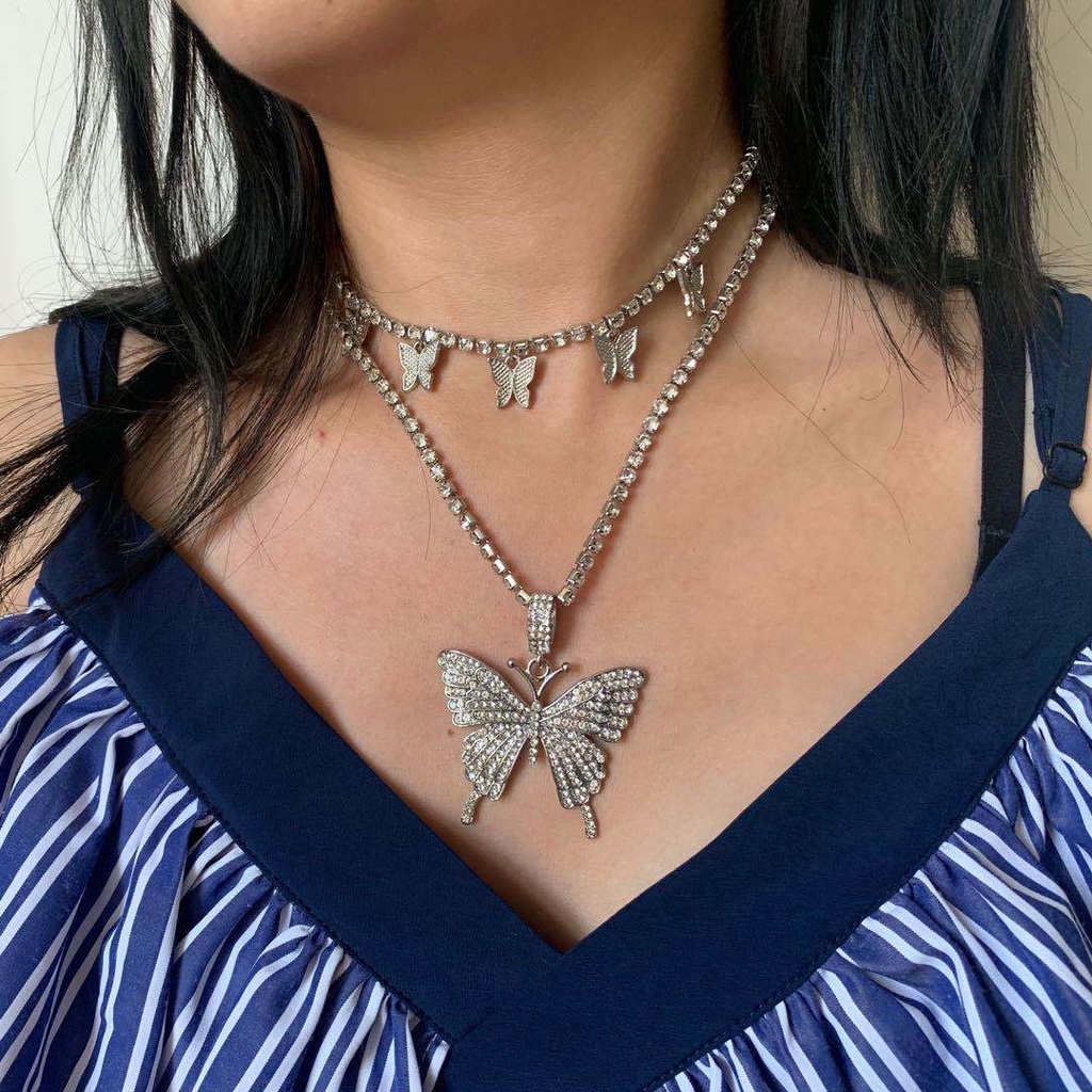 Kalung Choker Kupu-Kupu -  Necklace Double Layers Butterfly Rantai Kupu-Kupu