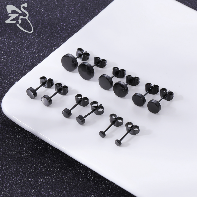 6 Pasang / Lot Anting Stud Bentuk Bulat Bahan Stainless Steel 20g Ukuran 3-8mm Warna Hitam Silver