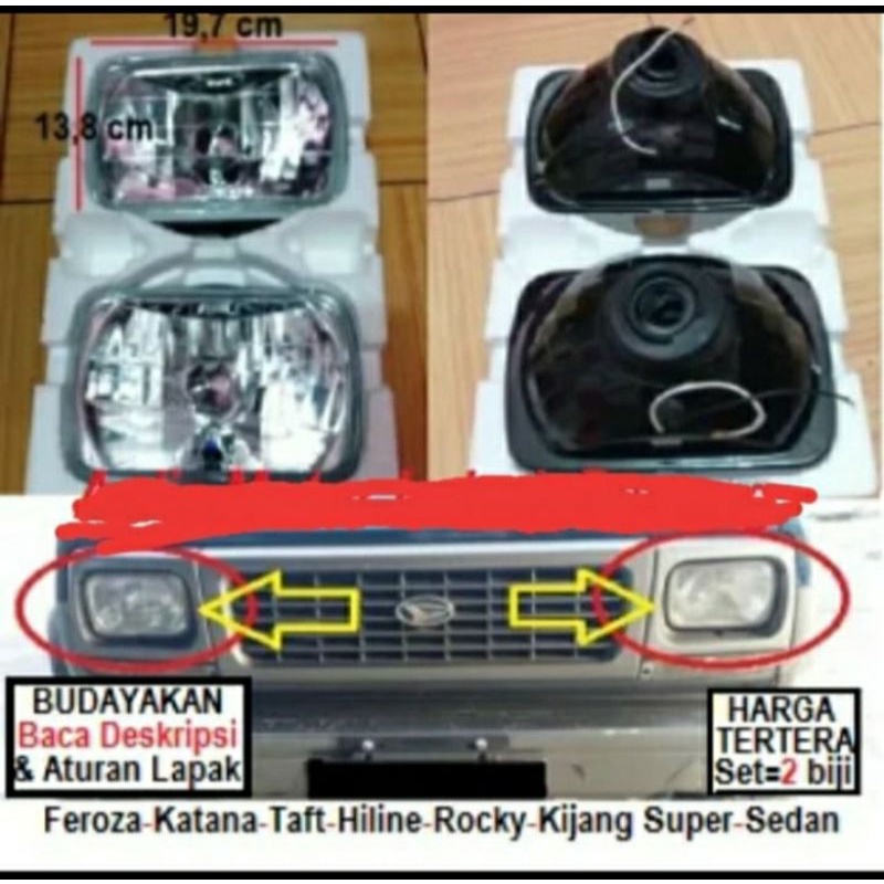 HEAD LAMP MOBIL / LAMPU DEPAN / HEADLAMP BESAR KOTAK 7 INCH KRISTAL