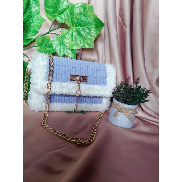 Tas selempang wanita - tas plastik kanvas - tas rajut benang chenile - tas aestetic