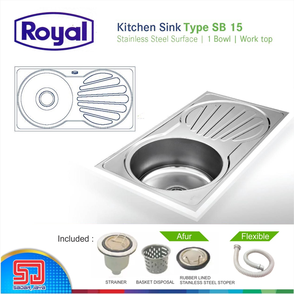 Kitchen Sink Royal SB 15 Wastafel Dapur Bak Cuci Piring 1 Bowl Bersayap Pengering Samping