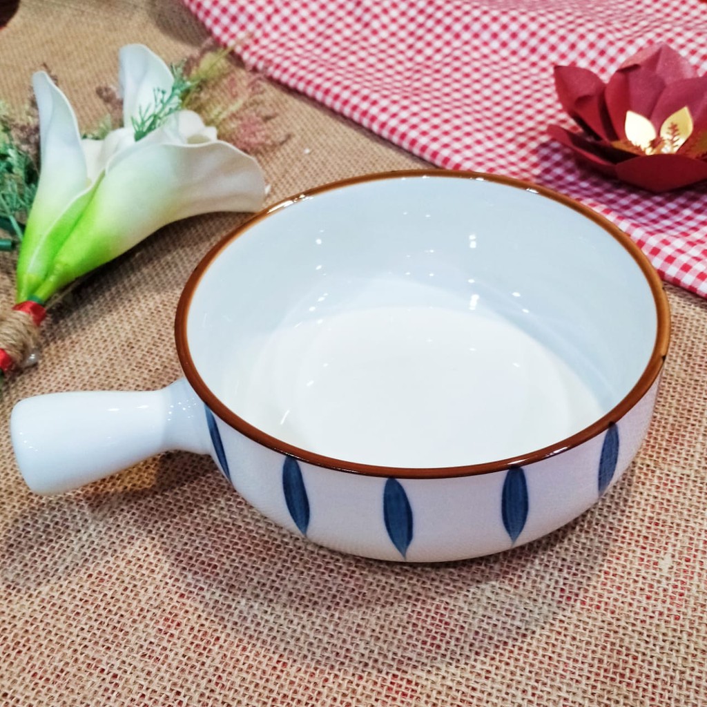 Mangkok Bundar Full Gagang Keramik Daun Bambu