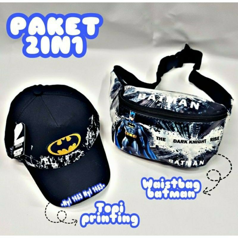 Wesbag anak laki laki, Waist Bag Anak Laki Laki Motif Superhero Batman dan Topi Anak REALPICT