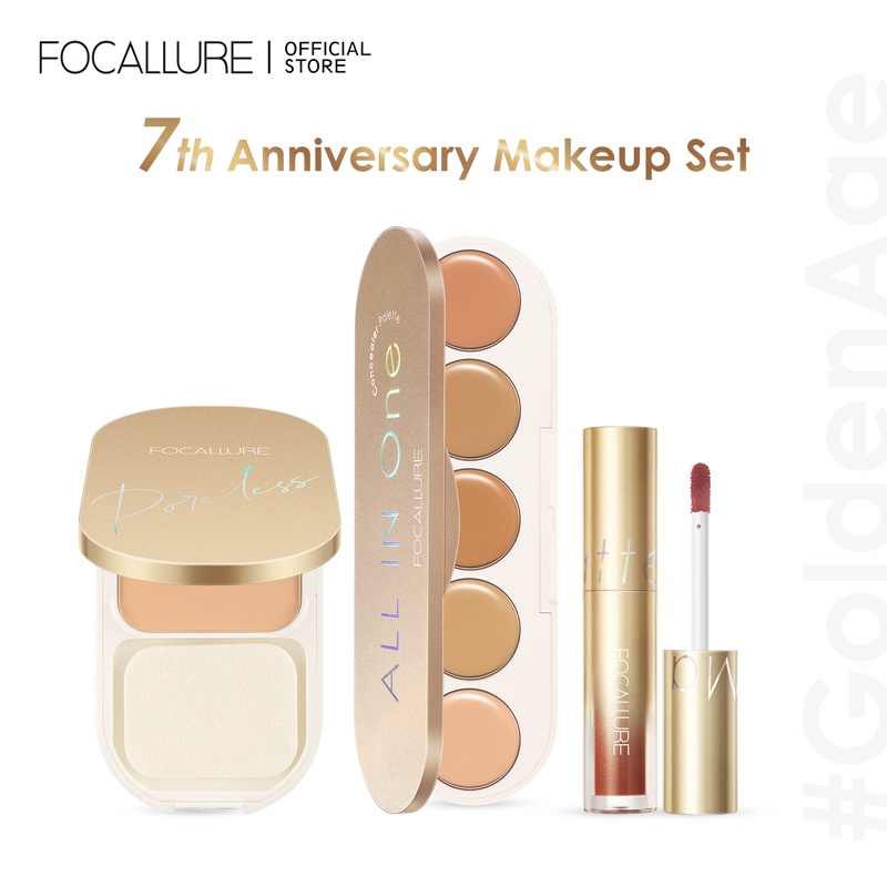 FOCALLURE 3PCS Makeup Set #GoldenAge Makeup set Lipstik/ Concelaer /Pressed powder Christmas Beauty Package