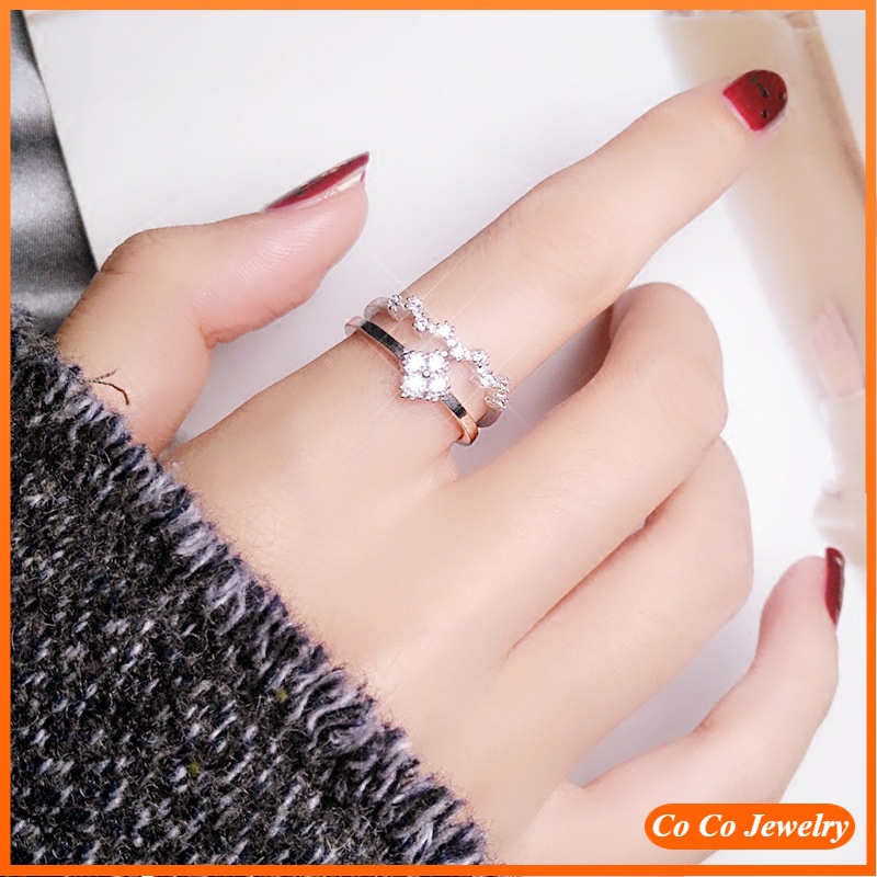 Cincin Wanita Model Terbuka Desain Bunga Clover Hias Berlian Gaya Korea Untuk Pertunangan / Hadiah