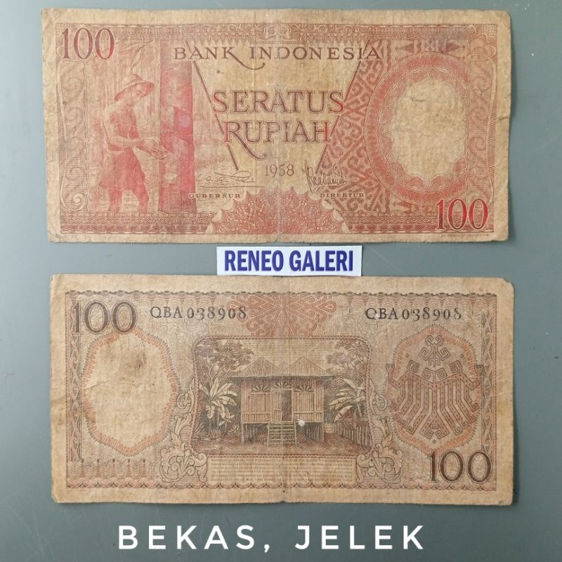 Jelek Asli Rp 100 Rupiah tahun 1958 seri Pekerja tangan uang lama duit kuno jadul lawas lama kertas antik Indonesia Original Penyadap karet
