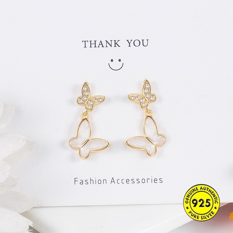 Anting Tusuk Sterling Silver 925 Desain Kupu-Kupu Hias Berlian Imitasi Untuk Wanita Butterfly