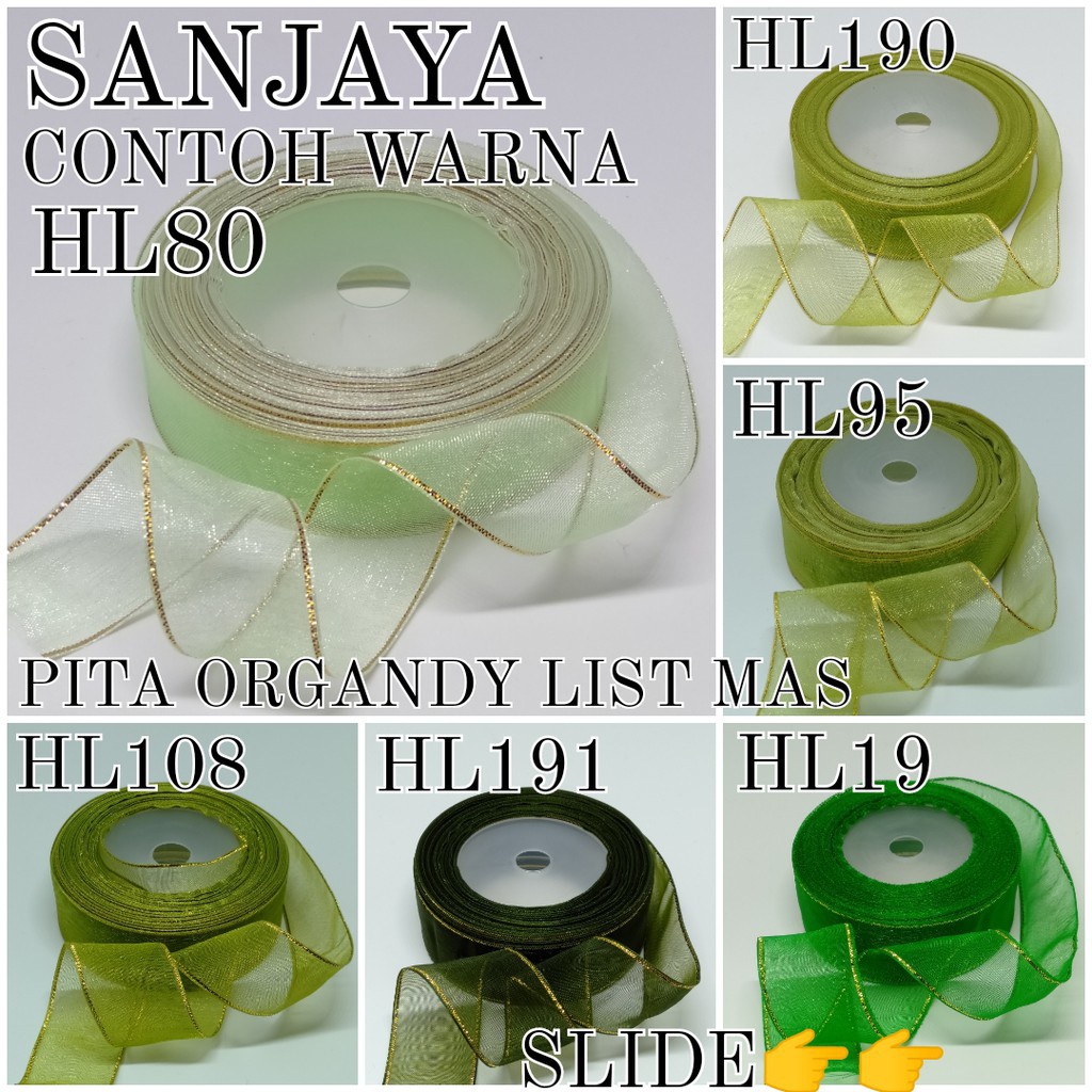 [1 Slop] Pita Organdi List Mas 1/4 Inch, 3/8 Inch, 1/2 Inch, 3/4 Inch, 1 Inch, 1 1/2 Inch, 2 Inch / Pita Organdi List Emas Warna / Pita Organza / Pita kado Warna / Pita Organdy List Hl