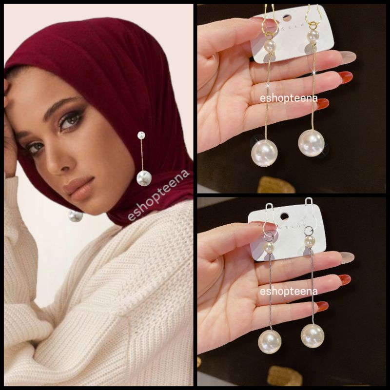 A187 anting hijab juntai panjang double pearl_anting jilbab